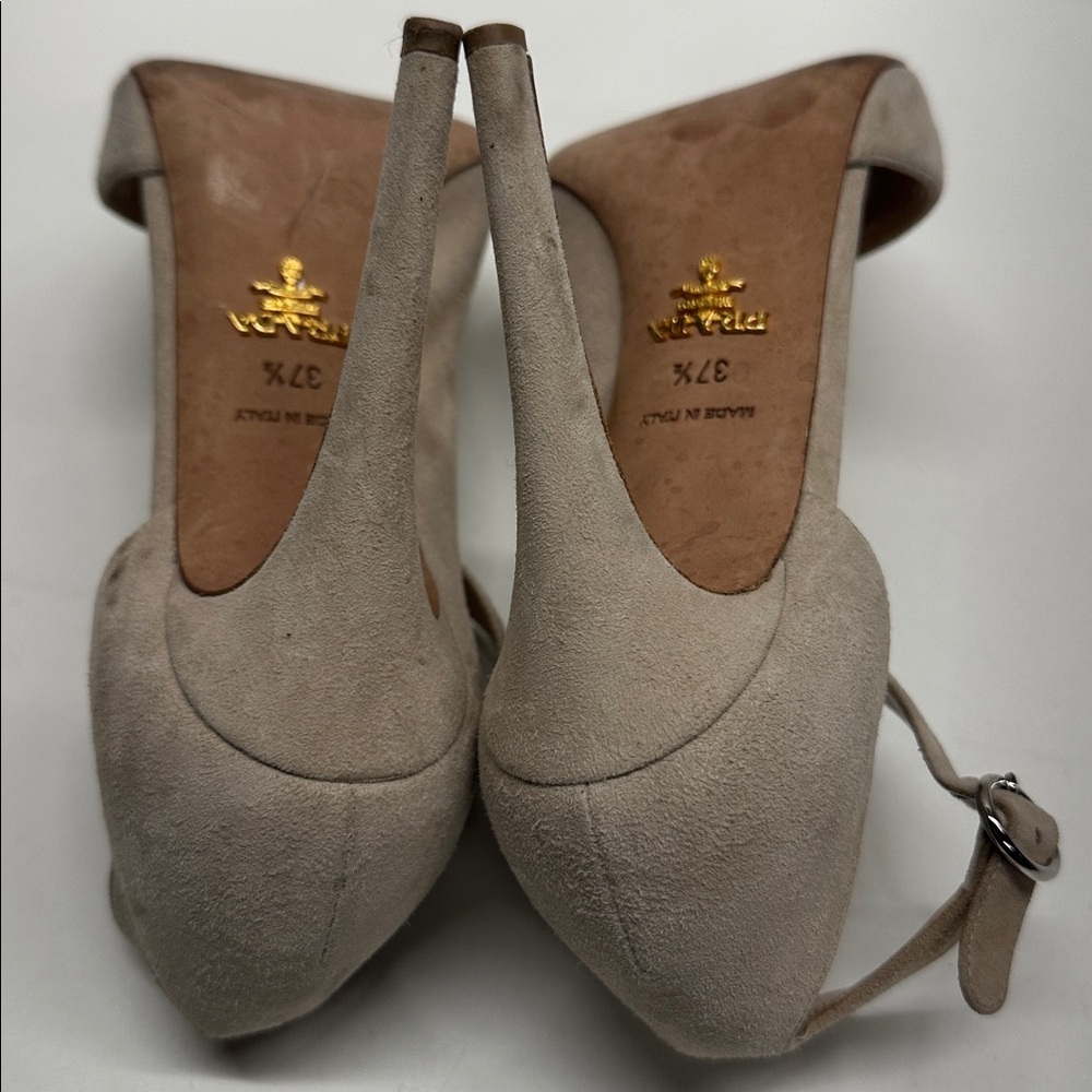 Prada Heels Suede Ankle Adjustable Strap Peep Toe High Heel Shoes Tan Cream 37.5 - Picture 7 of 11